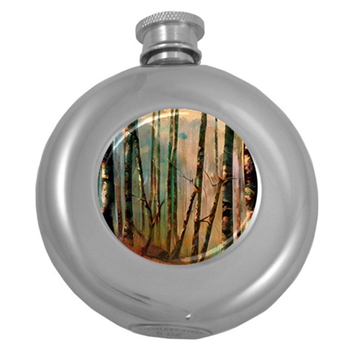 woodland woods forest trees nature outdoors mist moon background artwork book Round Hip Flask (5 oz)