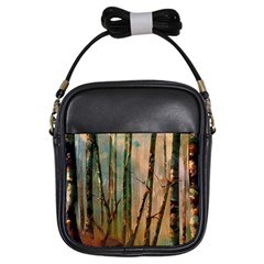 Woodland Woods Forest Trees Nature Outdoors Mist Moon Background Artwork Book Girls Sling Bag by Grandong