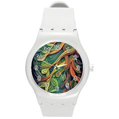 Outdoors Night Setting Scene Forest Woods Light Moonlight Nature Wilderness Leaves Branches Abstract Round Plastic Sport Watch (m) by Grandong