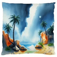 Delicate Watercolor Painting Surreal Oasis Scene With Intense Dramatic Lighting Large Premium Plush Fleece Cushion Case (one Side) by pollyparadiseartshop